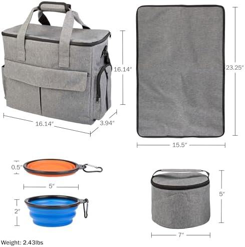 Dog Travel Bag - Cat and Dog Storage Organizer with Pockets, Mat, 2 Food Containers, and 2 Large Collapsible Travel Dog Bowls by PETMAKER (Gray) - Image 2