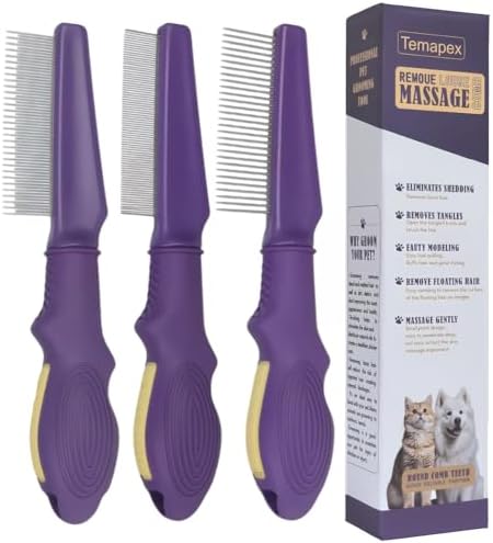 Temapex 3PCS Pet Comb for Grooming Long & Short Haired Cats & Dogs With Stainless Steel Metal Teeth for Removes Tangles & Flea, Non-Slip & Anti-Static Rubber Handle, Safe & Gentle by Temapex