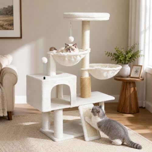 Smouatou Cat Tree with Cat Condo and Two Hammocks, Cat Tower with Scratching Posts and Scratching Pads Cat Toys, Beige - Image 5