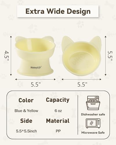 MateeyLife Elevated Cat Bowls, 2P Raised Food and Water Bowl Set for Indoor Cats & Small Dogs, Whisker Fatigue Cat Bowl, Anti Vomit Feeding Pet Bowls, 6 oz Each, Dishwasher Safe - Blue & Yellow - Image 4