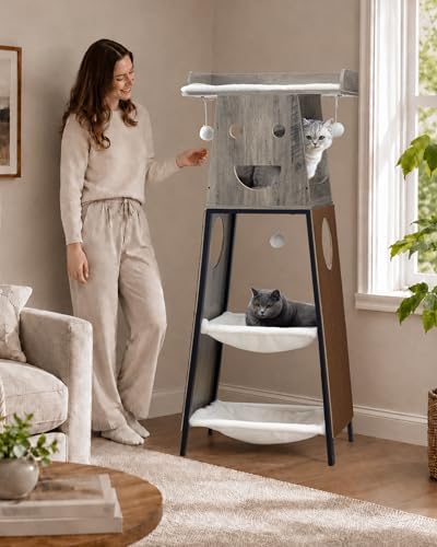 56in Modern Wood Cat Tree Tower for Indoor Cats with Hammock - Image 2
