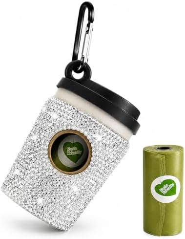 Diamond Rhinestone Coffee Cup Dog Poop Bag Holder for Leashes Leak Proof Trash Bag Dispenser with Carabiner Includes 15 Scented Dog Waste Bags Pet Walking Accessories for Cats Litter Gift by Suavifurri