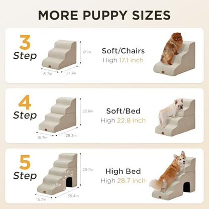 Joydeco Dog Stairs for Bed 17.1" H, 3-Step Pet Steps for Small Dogs and Cats, Dog Steps for High Bed, Non-Slip Balanced Ramp Indoor Pet Stairs, Beige - Image 5