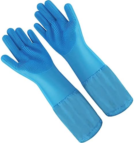 WAYUTO Long Sleeve Silicone Grooming Gloves - Cat & Dog Massaging, Hair Removal, Bathing, Shampoo Gloves for Kitchen, Bathroom and Pet Shop Use - Blue by WAYUTO