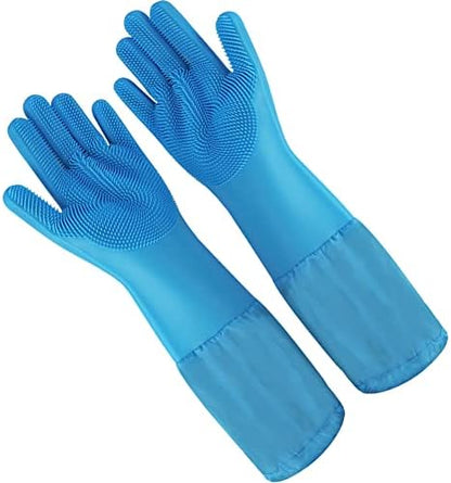 WAYUTO Long Sleeve Silicone Grooming Gloves - Cat & Dog Massaging, Hair Removal, Bathing, Shampoo Gloves for Kitchen, Bathroom and Pet Shop Use - Blue by WAYUTO
