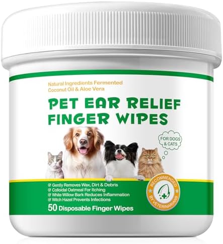 Pet Ear Cleaner Wipes 50Pcs - Cleaning, Soothing, and Deodorizing Itchy Ears, Dog Ear Wipes & Cat Ear Wipes, Pet Ear Relief Solution by FANGCUN