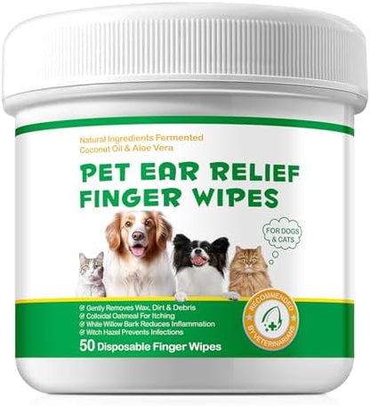 Pet Ear Cleaner Wipes 50Pcs - Cleaning, Soothing, and Deodorizing Itchy Ears, Dog Ear Wipes & Cat Ear Wipes, Pet Ear Relief Solution by FANGCUN