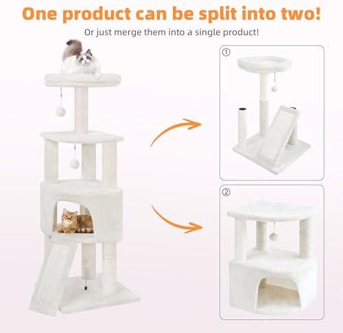 HUITREE 45in Cat Tree Tower with Big Condo for Indoor Kitten,Cat Tower with Scratching Post,Scratching Board and Cat Toys,Multi-Level,Small Space,Transformer Cat Tree, Beige(New) - Image 2