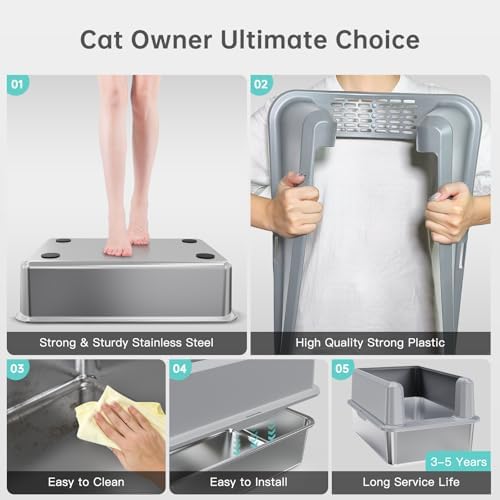 WoofiGo Enclosed Stainless Steel Cat Litter Box with Lid, XL Extra Large Litter Box for Big Cats, Metal Litter Pan High Sided, Never Absorbs Odors, Anti-Urine Leakage, Include Scoop (SH-Light Gray) - Image 5