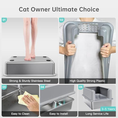 WoofiGo Enclosed Stainless Steel Cat Litter Box with Lid, XL Extra Large Litter Box for Big Cats, Metal Litter Pan High Sided, Never Absorbs Odors, Anti-Urine Leakage, Include Scoop (SH-Light Gray) - Image 5