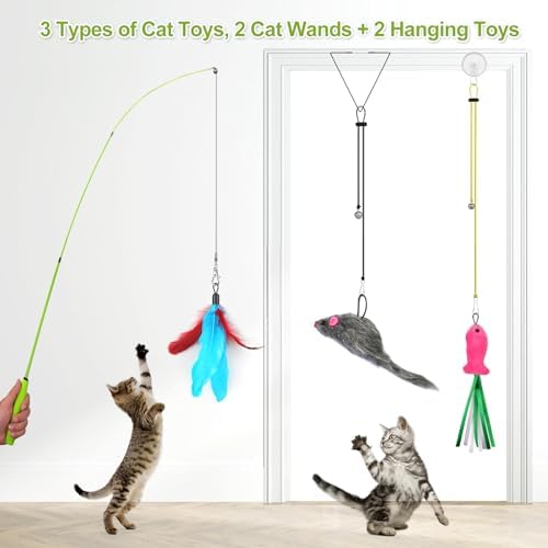 ChicWow Interactive Retractable Cat Wand & Hanging Toys for Cats - 2 Wands, 2 Hanging, 7 Teaser Cat Toys for Indoor Adult Cats Kitten, Includes Feather, Mouse, Fish, Worm, 1 Spare Elastic Rope - Image 5
