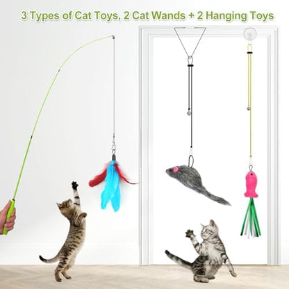 ChicWow Interactive Retractable Cat Wand & Hanging Toys for Cats - 2 Wands, 2 Hanging, 7 Teaser Cat Toys for Indoor Adult Cats Kitten, Includes Feather, Mouse, Fish, Worm, 1 Spare Elastic Rope - Image 5