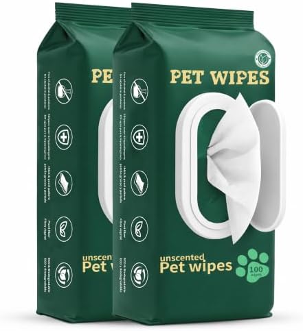 NAVZA® Pet Wipes for Dogs & Cats, 200 Count (2 x 100 Packs), Hypoallergenic Unscented Grooming Wipes for Paws, Butt & Body, Rinse-Free Dog Wipes Daily Cleaning for Sensitive Skin, 20 x 20 cm by NAVZA