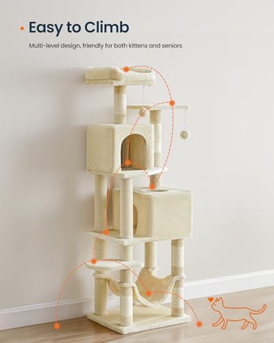 SONGMICS HOME Cat Tree for Indoor Cats, Multi-Level Cat Tower with Sisal Scratching Posts, Hammock and Condo, Beige - Image 3