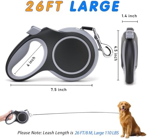 26Ft Retractable Dog Leash, Heavy Duty Great Leash for Dog up to 110 lbs, Anti-Slip Rubberized Handle, One-Handed Brake, Strong Nylon Tape, Tangle Free (Large, Black) - Image 2