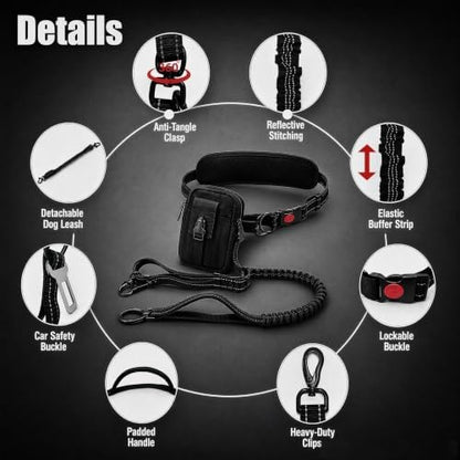 3-in-1 Hands Free Double Dog Leash with Detachable Pouch,Waist Dog Leash for 2 Dogs with Reflective Stitches 4 Comfortable Padded Handles Shock Absorbing Bungee,Tangle Free for Walking Jogging Hiking - Image 2