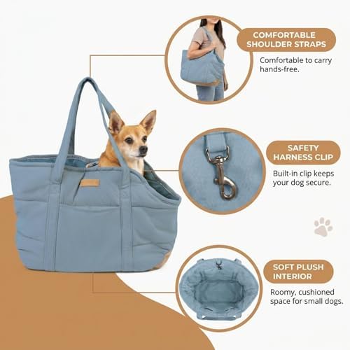 Plush Dog Purse Carrier for Small Dogs, Soft Dog Tote Bag with Safety Harness Clip, Cozy Pet Carrier for Dogs Under 15 lbs, Comfortable Dog Shoulder Carrier for Travel, Light Blue - Image 4