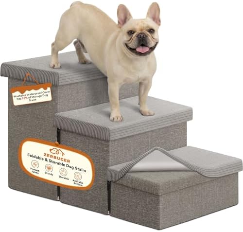 Zerbuger Dog Stairs with Storage, Grey Stripes Lids 3 Steps Ramp no Condo by Zerbuger