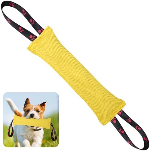 ToLanbbt Dog Tug Toy Bite Jute Pillow Pull Toy with 2 Strong Handles Perfect for Tug of War, Puppy Interactive Play, Tear Resistant Bite Training for Small Medium Large Dogs (Bright Yellow-Footprint) by ToLanbbt