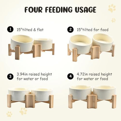 SPUNKYJUNKY 15° Slanted Ceramic Dog and Cat Bowl with Wooden Stand, Tilted Bulldog Food and Water Bowl No Slip Non-Spill for Cats Medium Dogs Big Face Pets 28.7 OZ (3.6 Cups, Beige × 2) - Image 3