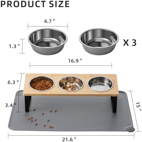 Upgraded Elevated Cat Bowls with Food Mat,15°Tilted Stand Anti Vomiting Raised Cat Dishes for Food and Water,3 Stainless Steel Bowls for Cats and Puppy - Image 5
