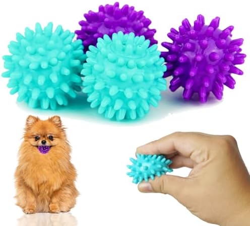Spiky Dog Ball 1.8 Inch - Squeaky Textured Chew Toy for Small Dogs 4 Pack - Rubber Ball for Puppies, Aggressive Chewers, Gum Stimulation - Non-Toxic by PetitePaws
