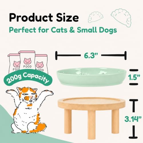 Slow Feeder Cat Bowls with Bamboo Stand, Ceramic Elevated Pet Food Plates for Cats and Small Dogs, Raised Non-Slip Feeder (Green/6.3") - Image 2