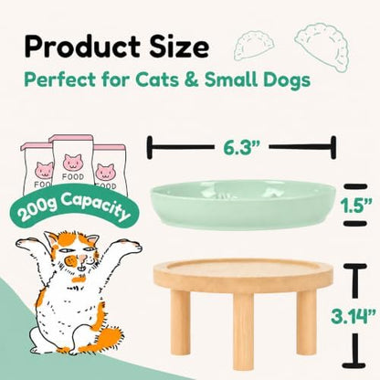 Slow Feeder Cat Bowls with Bamboo Stand, Ceramic Elevated Pet Food Plates for Cats and Small Dogs, Raised Non-Slip Feeder (Green/6.3") - Image 2