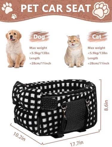 Prpeko Portable Dog & Cat Car Seat - Under 13 lbs, With Cozy Bow Neck Pillow (Grid-Black) - Image 3