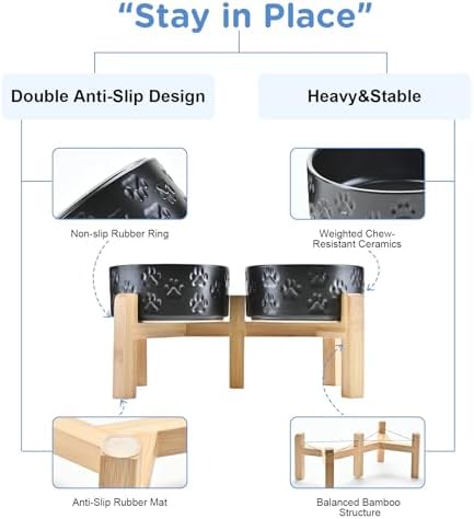 SPUNKYJUNKY Elevated Dog Bowls Ceramic, 6.1'' Dogs and Cat Food Water Bowls Raised with Non-Slip Bamboo Stand for Medium Sized Breed Microwave Dishwasher Safe - 28.7 OZ,Paw Black - Image 4