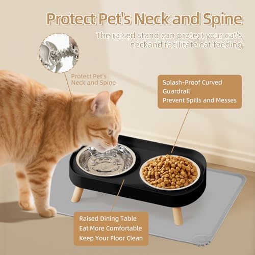 Elevated Cat Bowl with Food Mat, Raised Cat Food and Water Bowl Set for Indoor Cats, Splash Proof with 2 Stainless Steel Pet Food Bowls for Cats and Puppies,Whisker Fatigue and Dishwasher Safe (Black) - Image 4