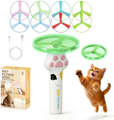 Cat Fetch Toy, Electric Cat Disc Launcher Toy with 8 Flying Spinners, Interactive Cat Toy for Indoor Cats and Bored Kittens, Bendable Discs, Rechargeable Paw Design（White） by AiYiDaYibu