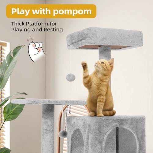 54inch Large Cat Tree Tower Condo with Hammock for Indoor Cats, Soft Plush Multi-Level Climbing Tree Cat House with Cat Cave, Scratching Post, Sisal Rope, Light Grey - Image 4