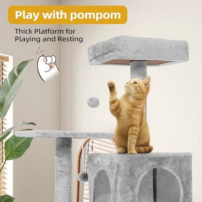 54inch Large Cat Tree Tower Condo with Hammock for Indoor Cats, Soft Plush Multi-Level Climbing Tree Cat House with Cat Cave, Scratching Post, Sisal Rope, Light Grey - Image 4