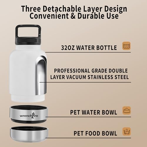 32 oz Instulated Stainless Steel Dog Water Bottle with 2 Detachable Bowls,Portable Cat Travel Dispenser with Brush for Walking Hiking Camping,White - Image 4