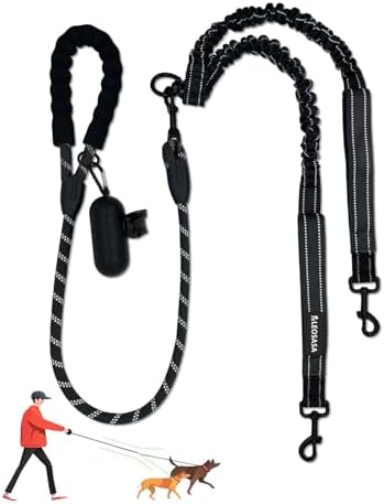 Double Dogs Leash - Removable Main Lead Rope with Splitter, No Tangle 2 Dog Coupler, Reflective No Pull Bungee, 3 Handle, D-Ring, Extra Long for Walk Train Medium Large Two Pet (Black) by LEOSASA