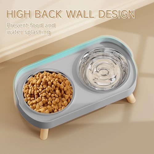 Elevated Cat Bowl, Raised Cat Food and Water Bowl Set for Indoor Cats, Splash Proof with 2 Stainless Steel Pet Food Bowls for Cats and Puppies, Whisker Fatigue and Dishwasher Safe - Grey - Image 2