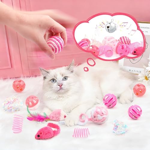 QUOZUO 16Pcs Cat Toy Set Pink Kitten Toys Pack Including Feather Teaser Interactive Wand Cat Springs Mice Crinkle Balls and Pet Bell Balls Toys for Bored Indoor Cats, Gift Box Styles (Pink) - Image 5