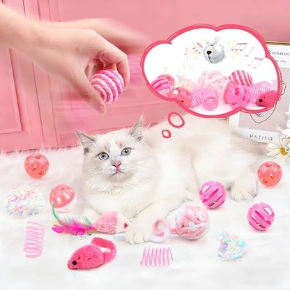QUOZUO 16Pcs Cat Toy Set Pink Kitten Toys Pack Including Feather Teaser Interactive Wand Cat Springs Mice Crinkle Balls and Pet Bell Balls Toys for Bored Indoor Cats, Gift Box Styles (Pink) - Image 5
