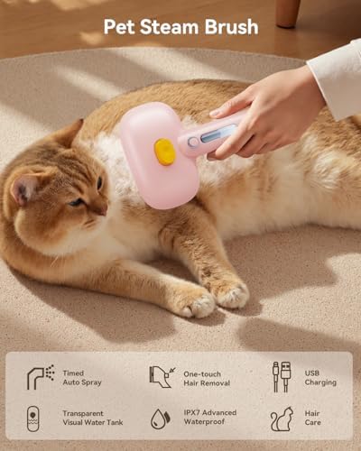 ROJECO 3-in-1 Pet Steam Brush,Spray Hair Removal Detangling Comb,Pink - Image 2