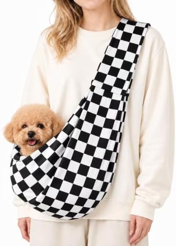 Dog Sling Carrier for Small Dogs and Cats 5–16 lbs, Puppy Carrier Sling with Safety Hook and Storage Pocket, Hands Free Pet Carrier Purse for Travel, Walking, Shopping (Ebony Check) by AXEARTE