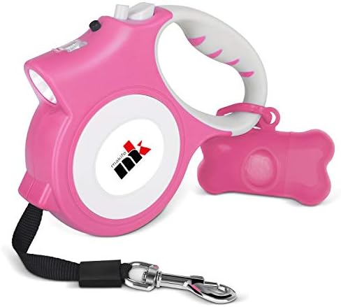 Retractable Dog Leash with LED Light Makife 5m Extendable Dog Lead for Small Medium Puppis up to 25kgs, One-Hand Brake & Lock System, Ergonomic Handle - Pink by MakeABetterLife