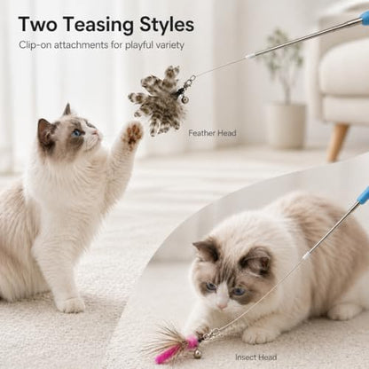 Cat Wand Toy Set, Retractable Stainless Steel Wand with 3 Interchangeable Attachments, Feather, Insect, Cotton Rope - Image 4