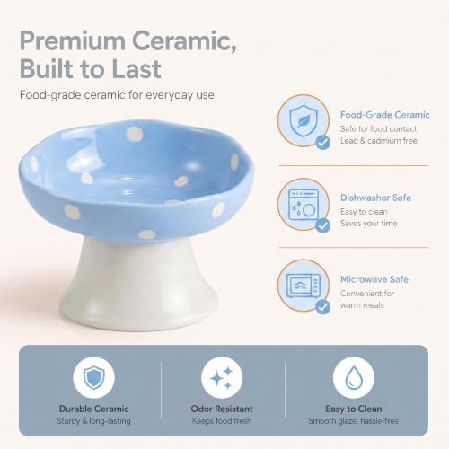 Blue Mushroom Cat Bowl, Elevated Ceramic Bowl for Cats - Image 4