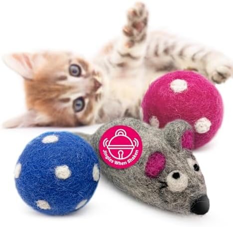 Love Ewe Wool Cat Toys 3 Pack, 5in Mouse w/Bell & 2in Ball by HustleBlush