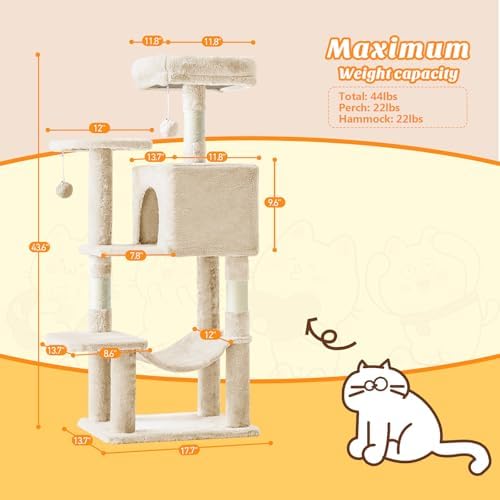 DUMOS Small 44 Inch Cat Tree Tower with Natural Sisal Scratching Posts - Image 5
