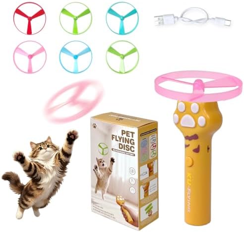 LED Glowing Cat Fetch Toy Launcher, USB Rechargeable Electric Flying Disc Toy with Soft Spinner Discs, Interactive Tracking Hunting Toy for Indoor Outdoor Kitten & Dog Daily Play(Yellow) by PUUROFPets