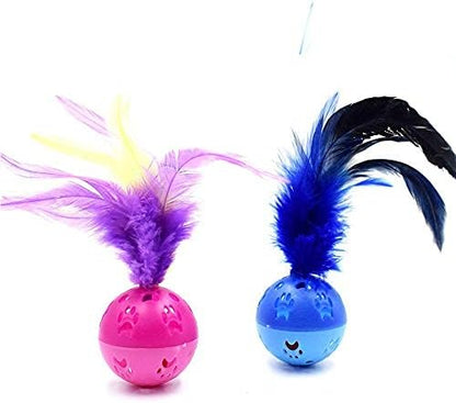 BeeSpring Cat Balls Interactive Cat Toy Feather Balls with Loud Bell Inside (2Pcs - Red, Blue)