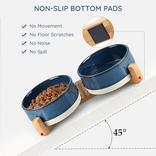 SPUNKYJUNKY Ceramic Dog and Cat Bowl Set with Wooden Stand, Modern Cute Weighted Food Water Bowl Set for Small Size Dogs (1.7 Cups, 2 × Pattern Blue) - Image 6
