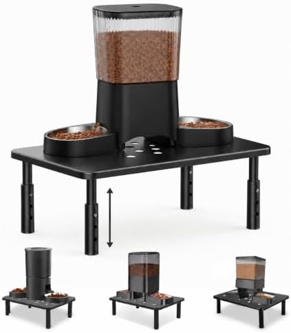 Raised Automatic Cat Feeder Stand for Double Bowl Feeders, Carbon Steel 14.57 x 9.25 in, 3 Adjustable Heights 3.94-5.5 in, Non-Slip, Fits Feeders & Water Dispensers, No-Drill (Black) by Unknown